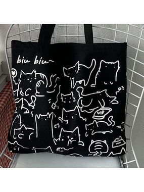 Adorable Cat  Print Canvas Zipper Tote